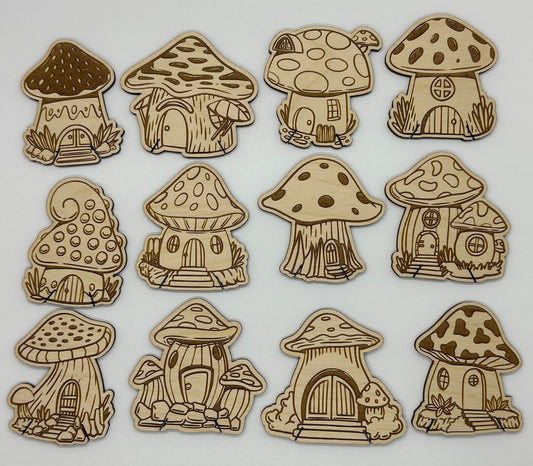 Set of wooden mushroom-shaped houses on a white background