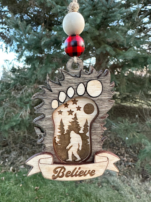 Bigfoot Car Charm Rear View Mirror Accessory Laser Engraved Wood Sasquatch Gift Believe Car Decor