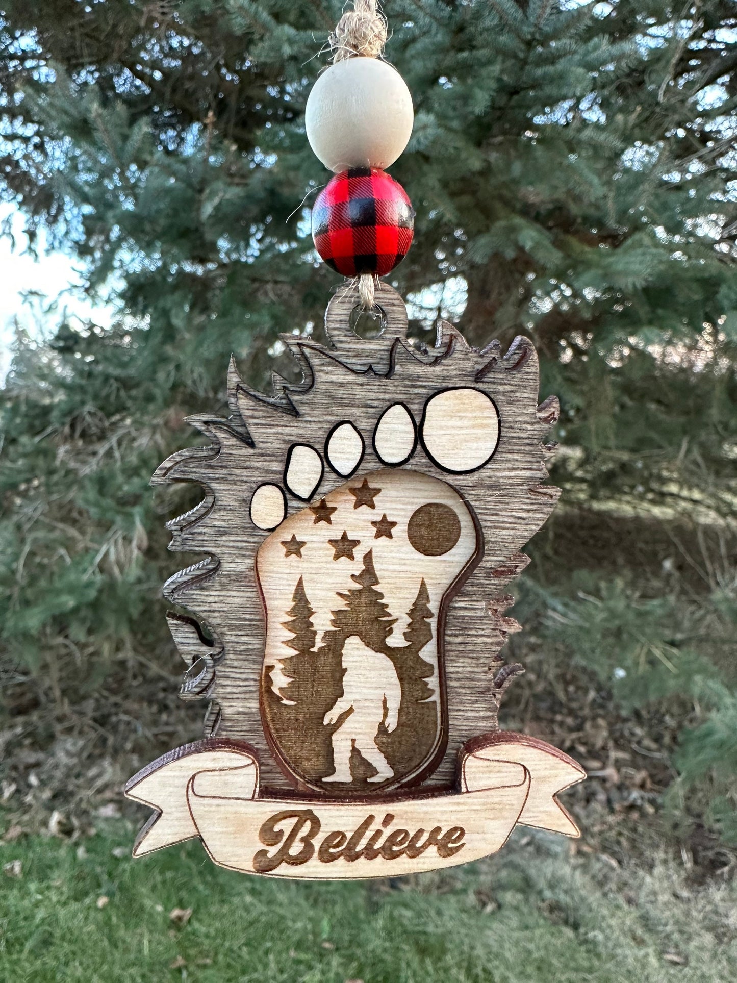 Bigfoot Car Charm Rear View Mirror Accessory Laser Engraved Wood Sasquatch Gift Believe Car Decor
