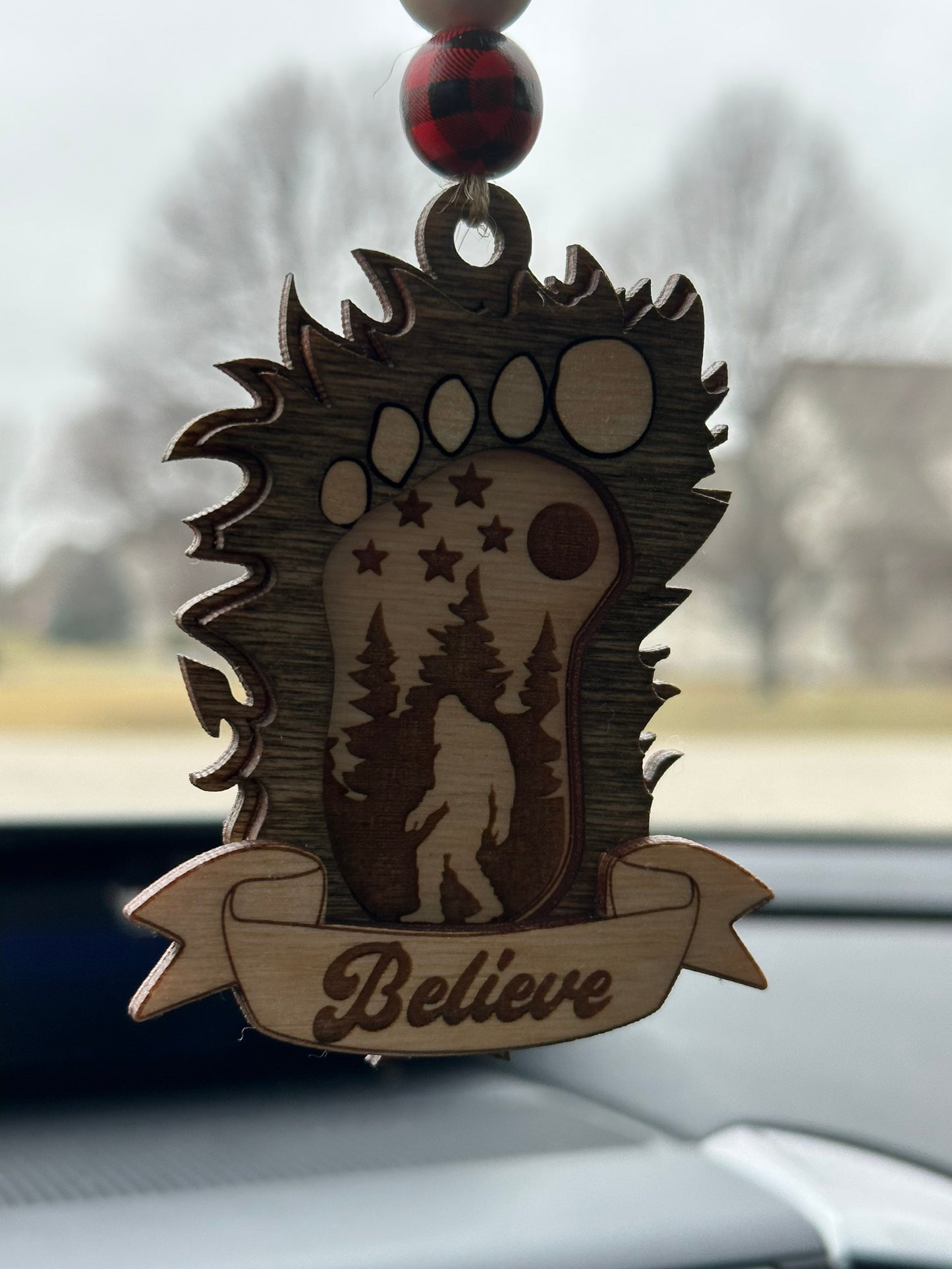 Bigfoot Car Charm Rear View Mirror Accessory Laser Engraved Wood Sasquatch Gift Believe Car Decor