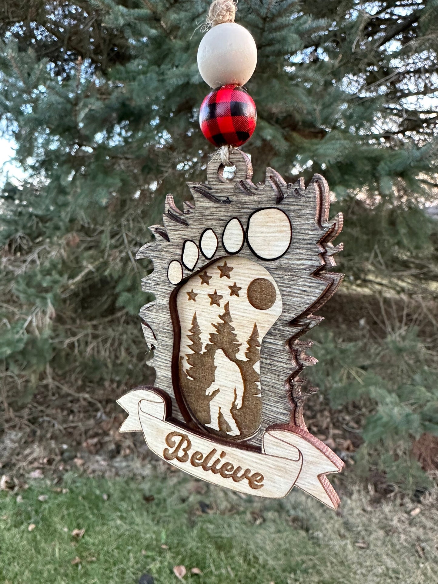 Bigfoot Car Charm Rear View Mirror Accessory Laser Engraved Wood Sasquatch Gift Believe Car Decor