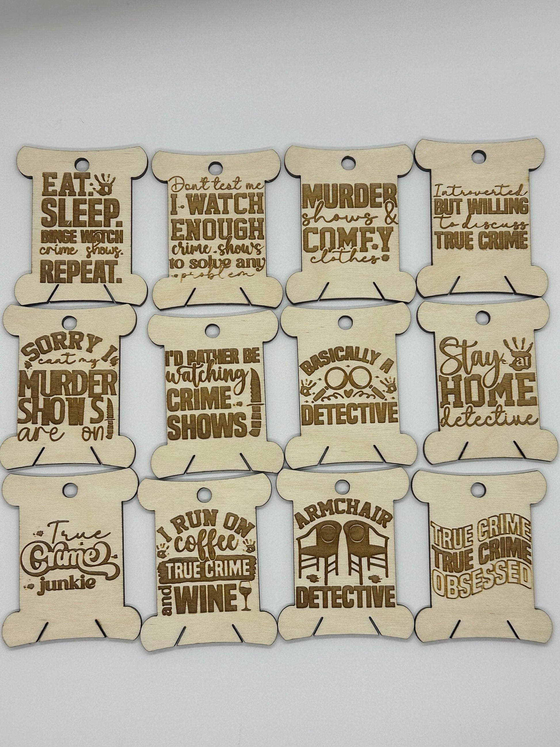 Set of wooden tags with humorous text designs on a white background