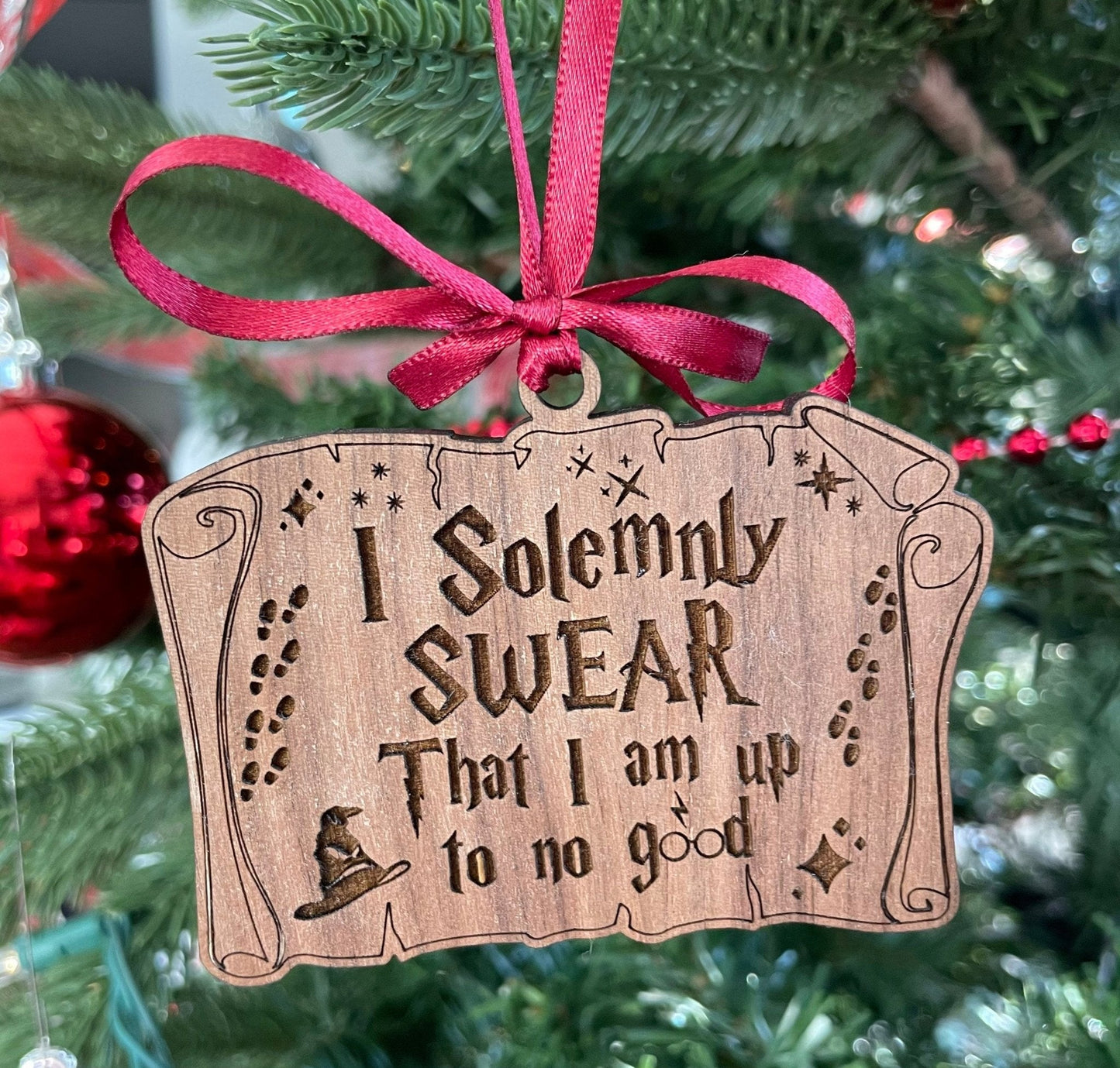 Laser engraved wooden I Solemnly Swear Christmas ornament on Christmas tree,, scroll design on birch plywood